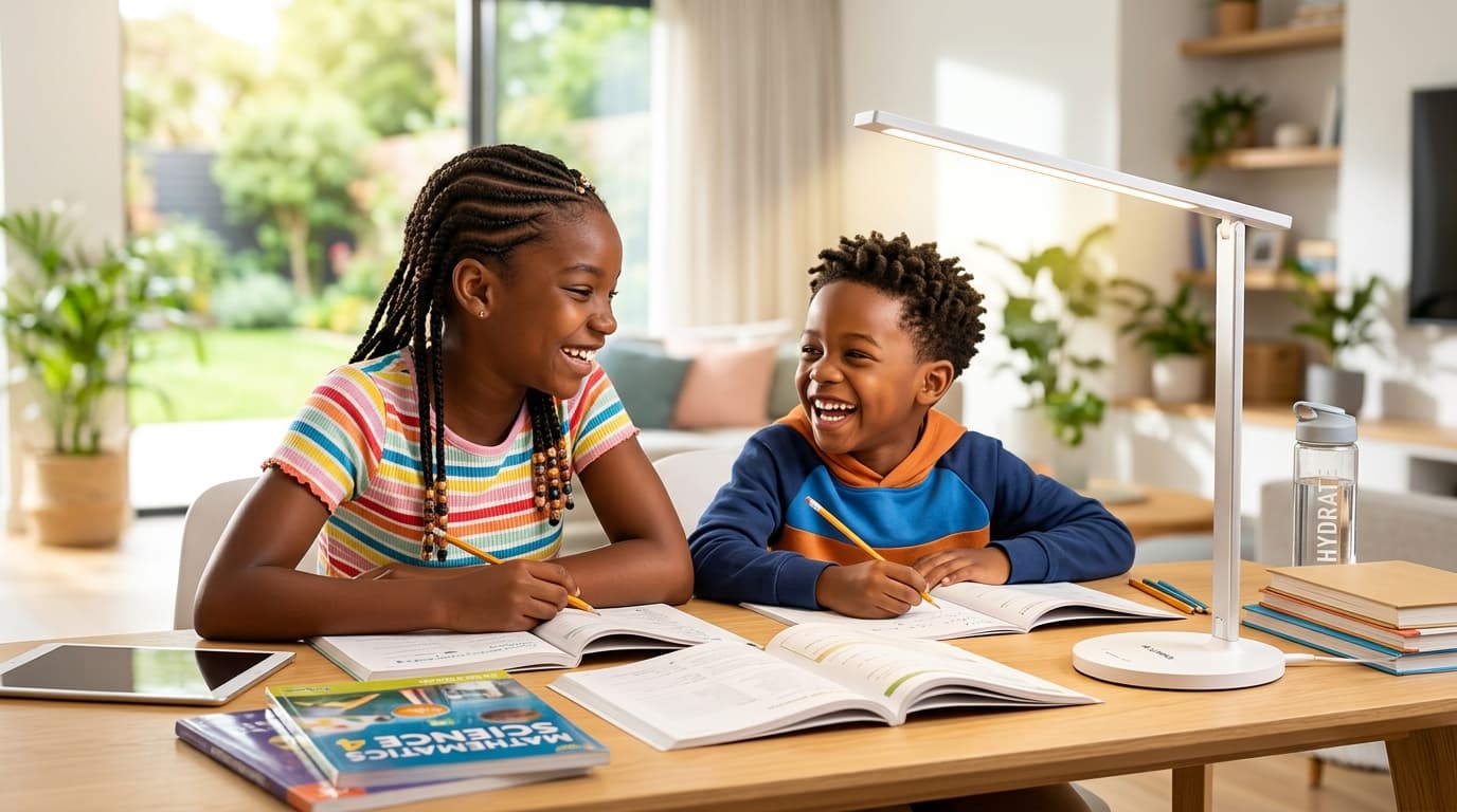 Two Black children happily studying at a sunlit desk with the Mindnest AI study lamp
